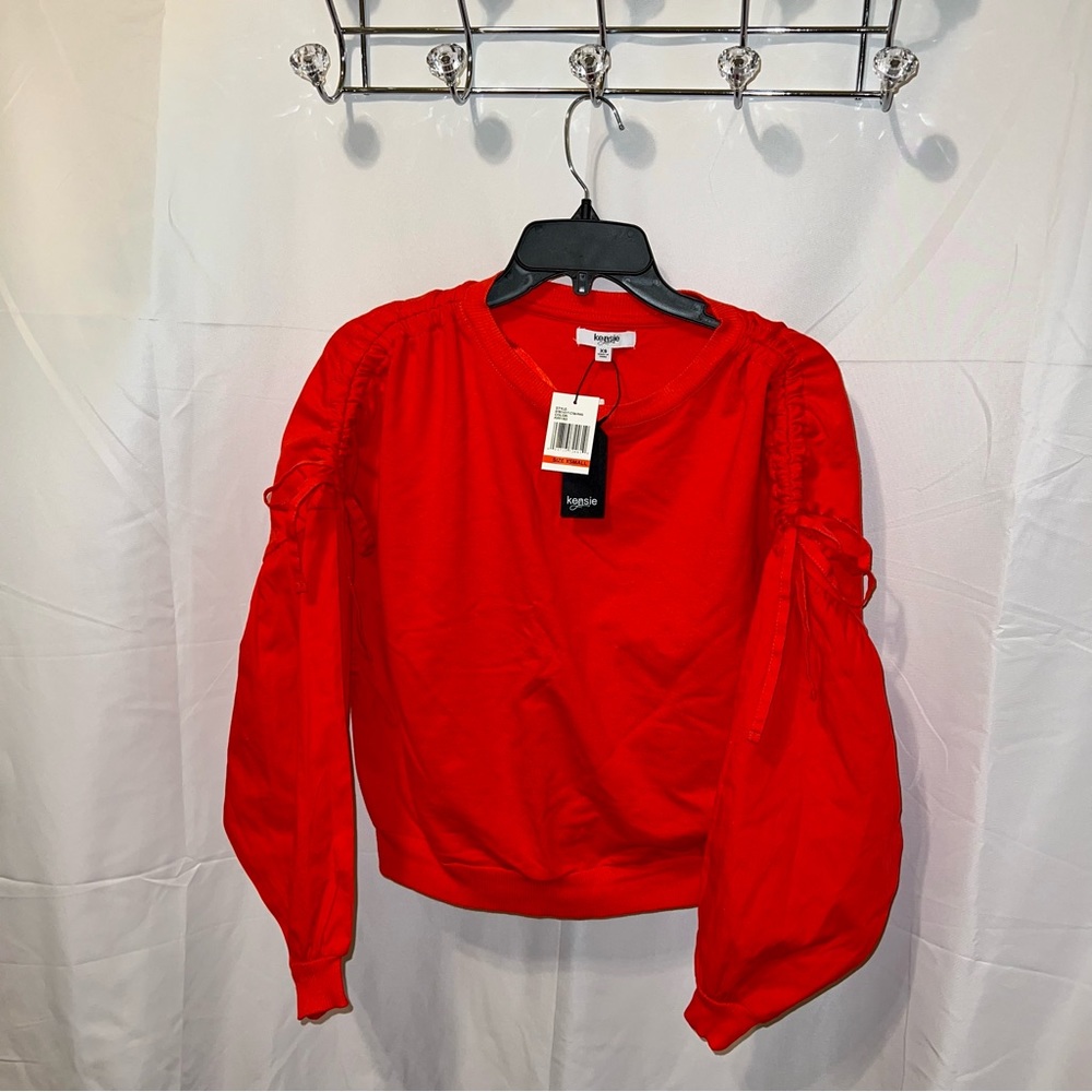 Kensie Jeans Poppy Red Ruched Bow Tied Drop Shoulder Crewneck Top